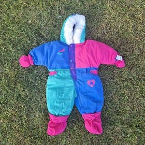 Vintage 90s Circo Rainbow Tag Snow Suit Color Block 12 Months Fur Trim Hood